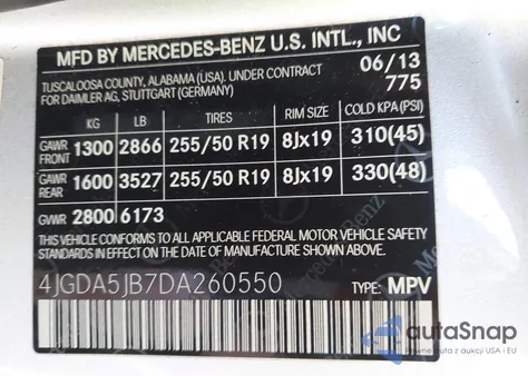 2013 Mercedes-Benz Ml 350 из США, поврежденный, VIN 4JGDA5JB7DA260550